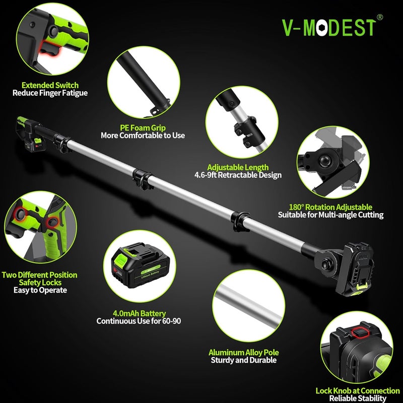 V-MODEST 2-IN-1 Cordless Pole Saw 8 inch Mini Chainsaw, Pole Saws for Tree Trimming 2*4.0Ah Battery Powered, Electric Pole Saw Brushless 15ft Max Extension Pole Chainsaw for Tree Trimmer Wood Cutting - Image 4